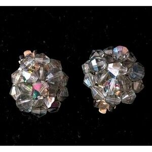 Glamorous Vintage Twee Silver Gray Aurora Borealis AB Cluster Clip On Earrings
